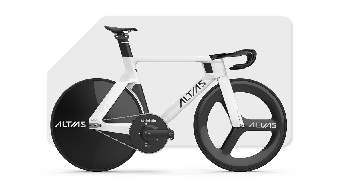 A white and black Altis time trial bicycle with disc wheels, shown in a clean studio-style presentation on a white background with a light gray shadow.