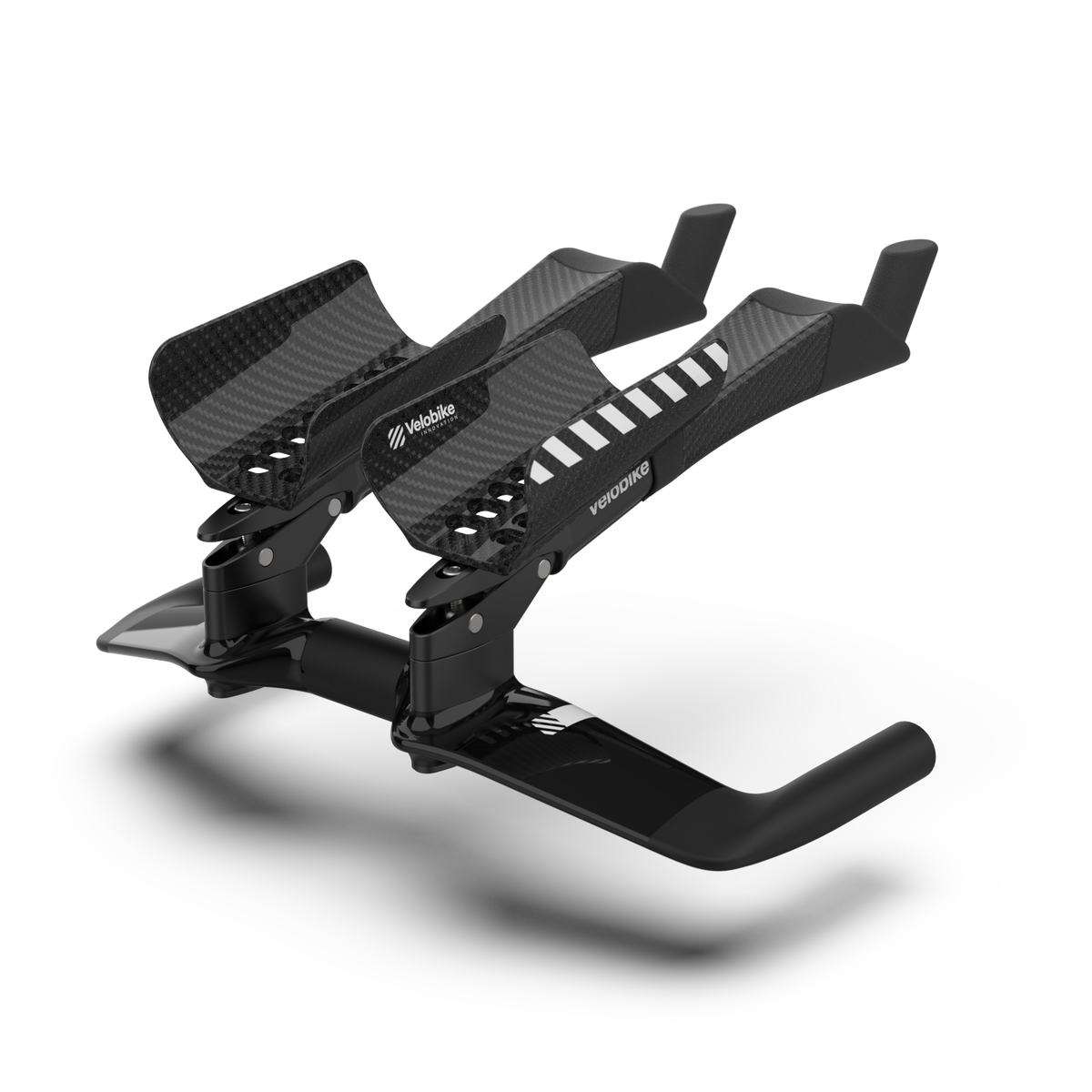 A black carbon fiber basebar and time trial extensions. shown on a clean white background with a soft shadow.