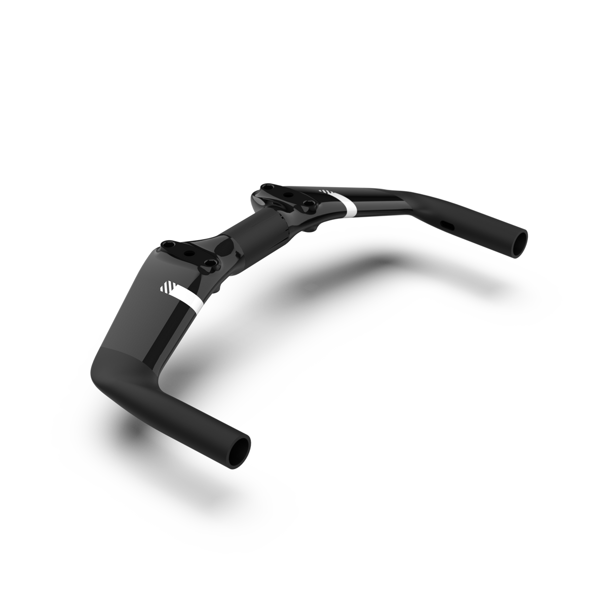 A black bicycle timetrial handlebar with white accent bands, shown on a clean white background with a soft shadow.