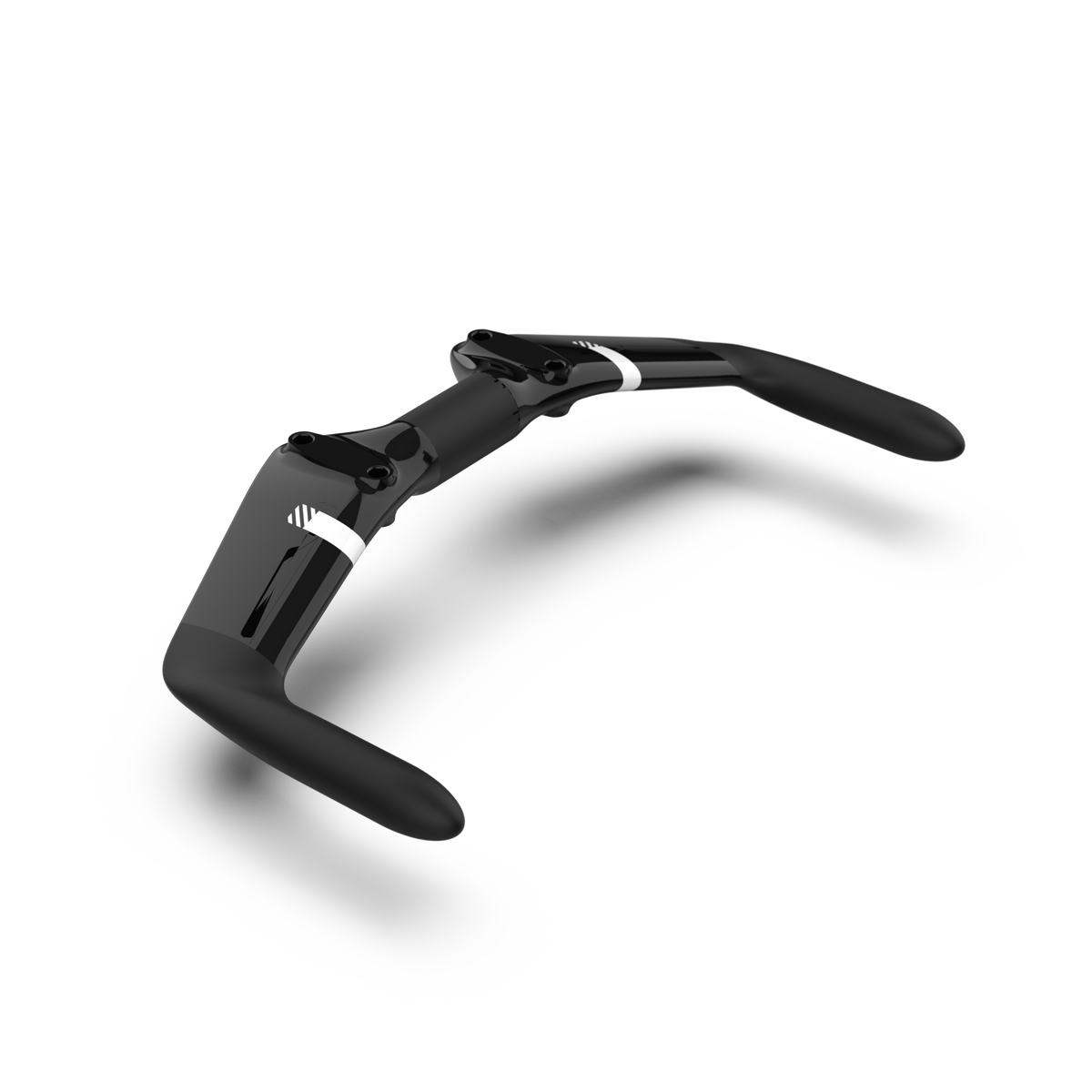 A black bicycle handlebar with integrated grips and white accent stripes, shown on a clean white background with a soft shadow.