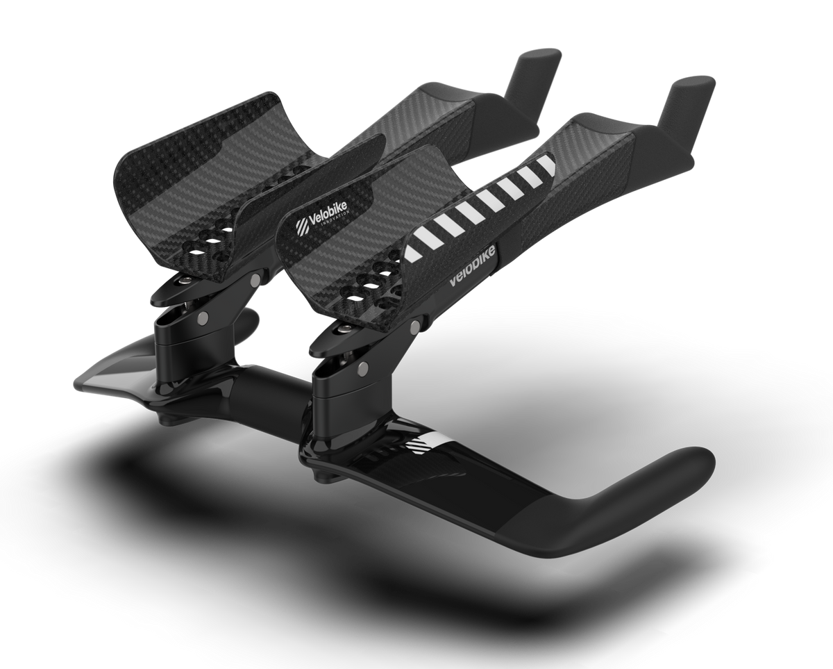 A black carbon fiber and anodized aluminum timetial aerobar cockpit handlebar, shown on a clean white background with a soft shadow.