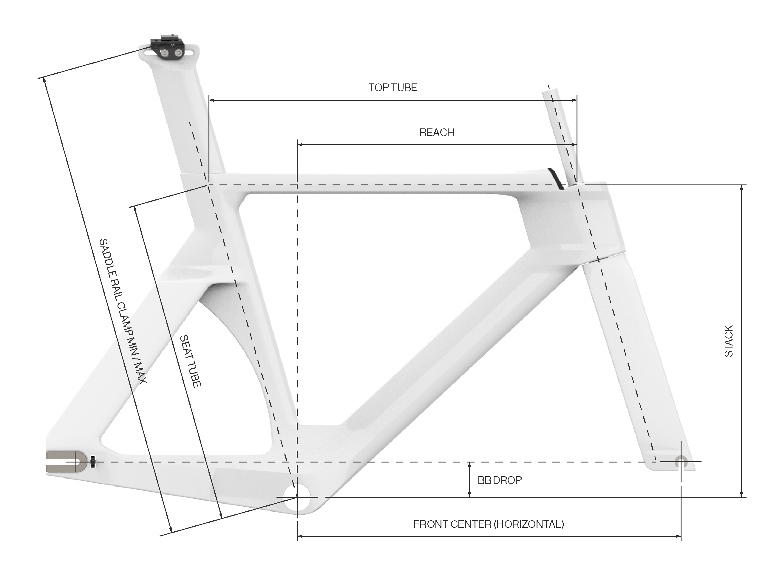 A white bicycle frame schematic diagram with measurement labels including top tube length, reach, stack, seat tube angle, and front center horizontal, shown on a light gray background.