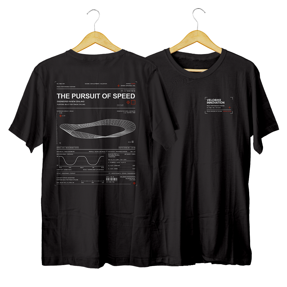 Black tee shirt on a hanger, with velodrome graphic on the back