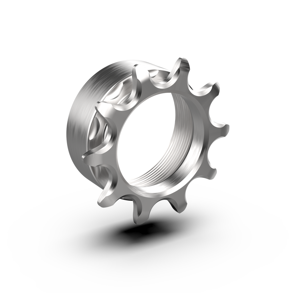 10m tooth track cycling sprocket. machined stainless steel on a white background