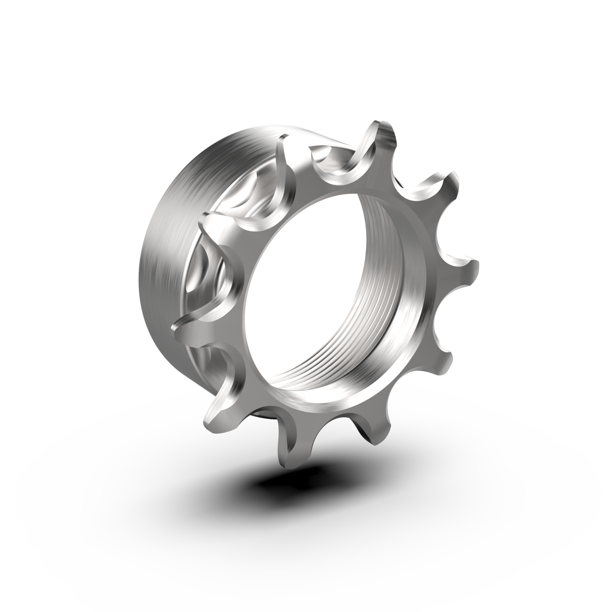 10m tooth track cycling sprocket. machined stainless steel on a white background